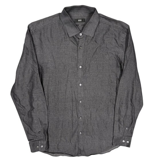 Hugo Boss Slim Fit Dress Shirt Denim "Isaak" Cotton Long Sleeve Grey 41 16 Large - Picture 1 of 11